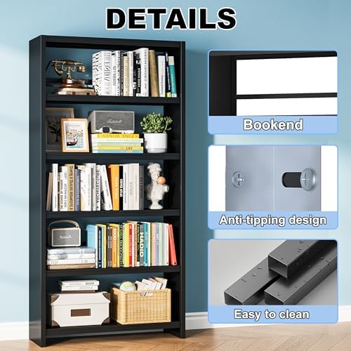 5 Tier Metal Bookshelf, Black 69" Tall Bookcase, Large Heavy Duty Book S...