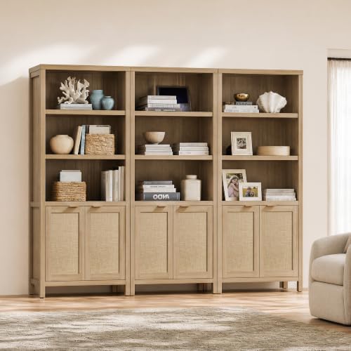 SICOTAS 71" Tall Bookcase 5 Tier Rattan Bookshelf with Doors for Library