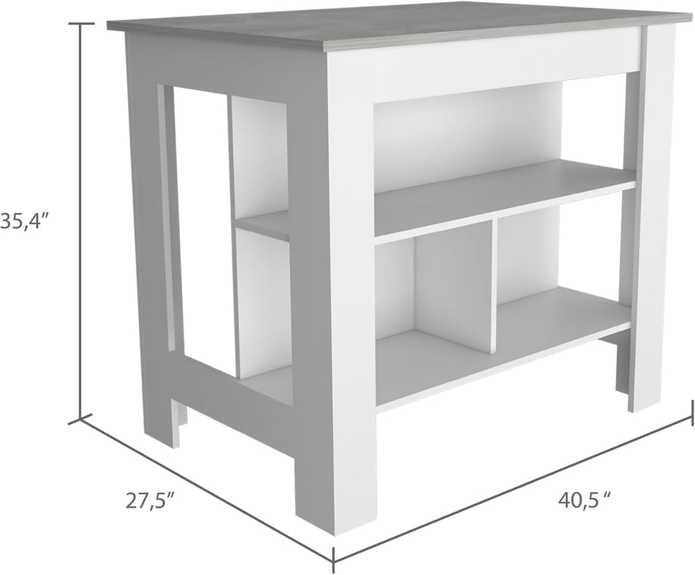 Kitchen Island with Four Legs and Three Shelves - White/Ibiza Marble | Three ...