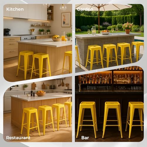 24 Inch Yellow Metal Counter Stools, Set of 6, Backless