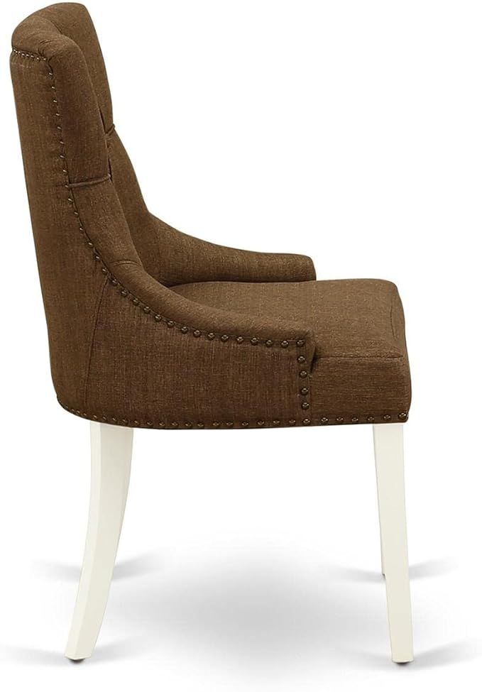 East West Furniture FRP2T18 Friona Parsons Dining Chairs - Button Tufted Nailhead Trim Brown Linen Linen Fabric Upholstered Chairs, Set of 2, Linen White