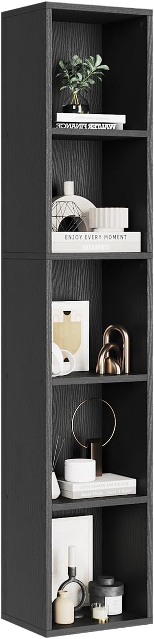 oneinmil Tall Narrow Bookshelf, 5-Tier Cube Display Rack, Modern Corner Bookshelf with Storage Space, CD Storage Cabinet for Home Office (Black 1 Pack, 5-Tier)