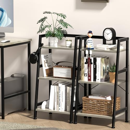 3-Tier Bookshelf, Ladder Shelf, Stand up Shelves, Industrial Bookcase with St...