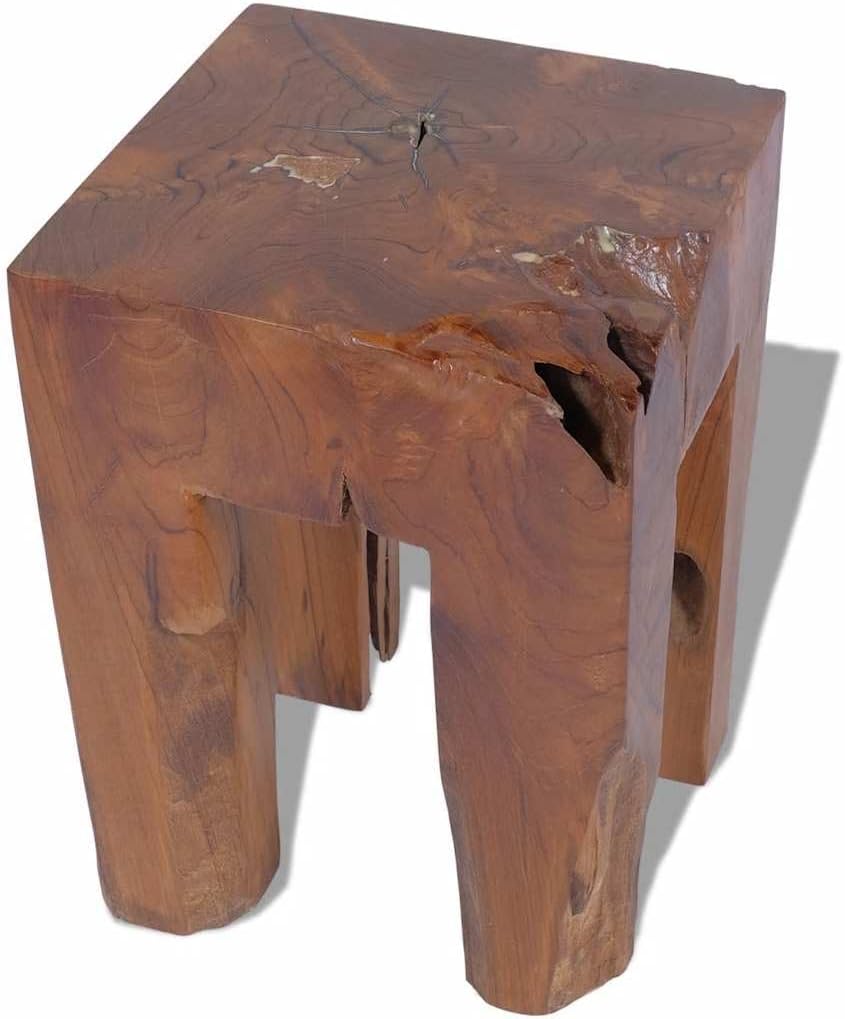Solid Teak Wood Stool, Square Rustic End Table for Living Room Bedroom, Sturd...