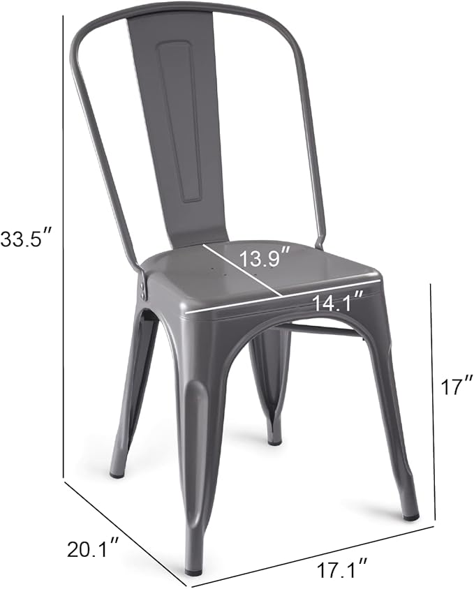 Amazon Basics Metal Dining Chairs, Easy to Assemble, Indoor/Outdoor, Stackable, 330-Pound Capacity, Dark Gray, 4-Pack, 20.1 x 17.1 x 33.5 inches
