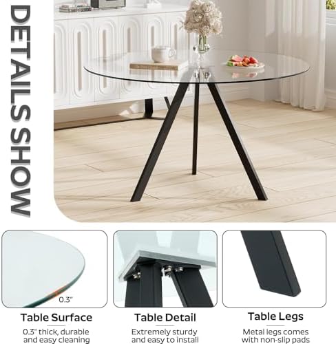5-Piece 39" Round Glass Dining Table Set with 4 Velvet Upholstered Chair...
