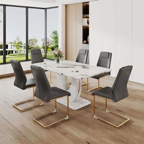 JUFU Modern Dining Set Table and 4 Chairs,White Faux Marble Dining Table Set ...