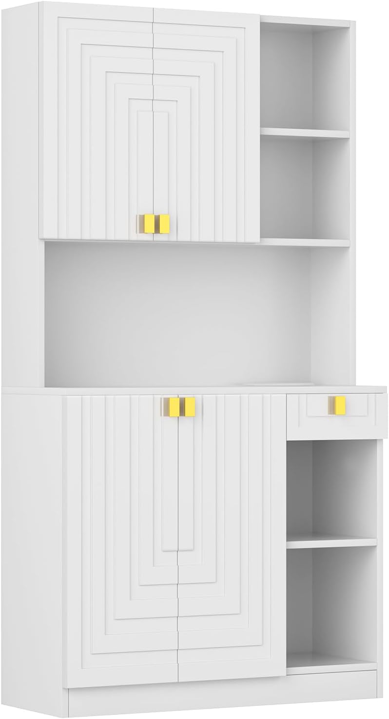 White Kitchen Pantry Cabinet, 71" Hutch Cabinet with Countertop & Po...