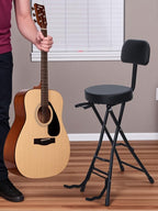 Folding Guitar Stool Chair with Padded Seat, Ergonomic Backrest & Built-in Stand - Heavy Duty Portable Seat for Acoustic, Electric, Bass Guitar Practice & Performance Black