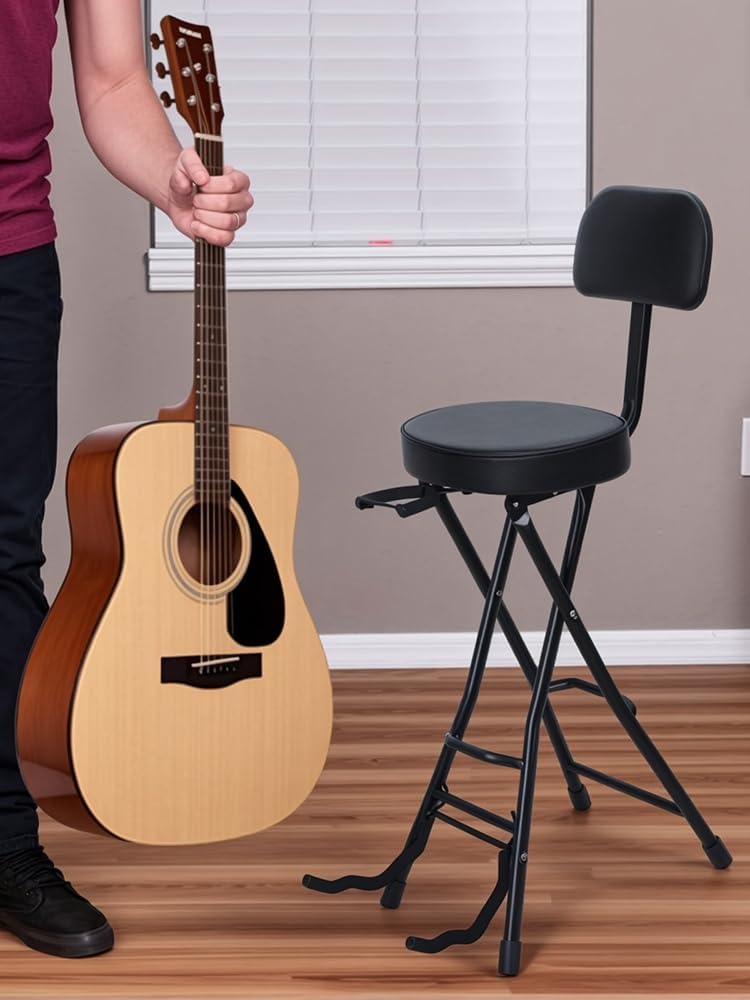 Folding Guitar Stool Chair with Padded Seat, Ergonomic Backrest & Built-in Stand - Heavy Duty Portable Seat for Acoustic, Electric, Bass Guitar Practice & Performance Black