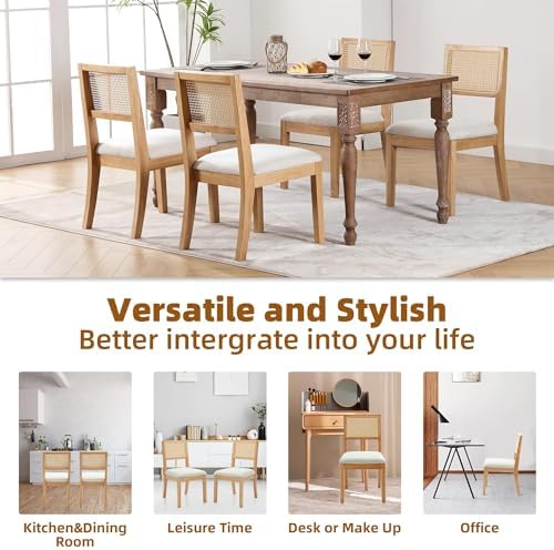 Rattan Dining Chairs Set of 6, Natural Upholstered Kitchen/Restaurant Chair