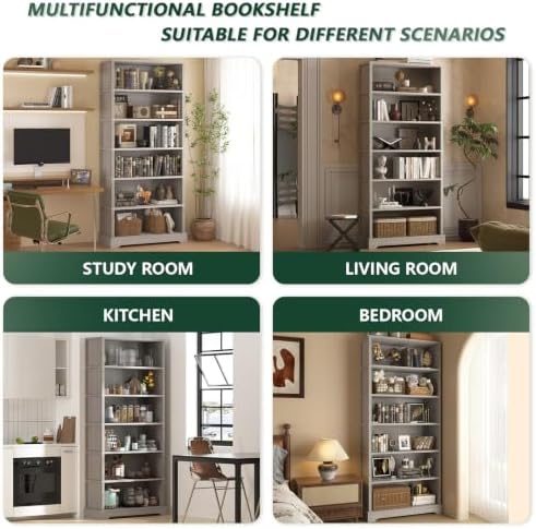 TVU 6 Tiers Wooden Bookshelf, 77.2" Tall Farmhouse Style Open Bookcase, ...