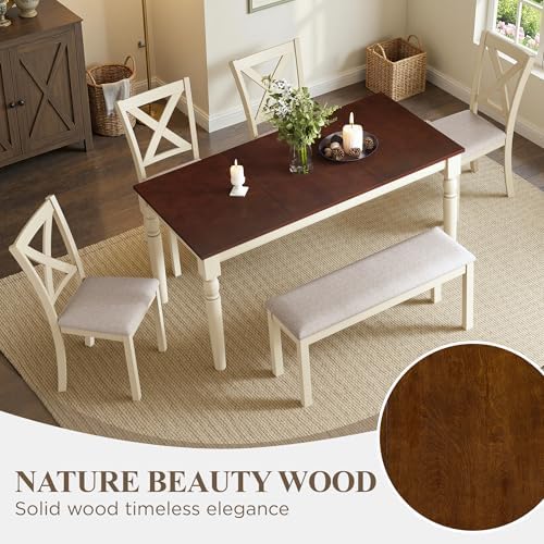 LUXOAK 6 Piece Solid Wood Dining Table Set with 60" Farmhouse Table