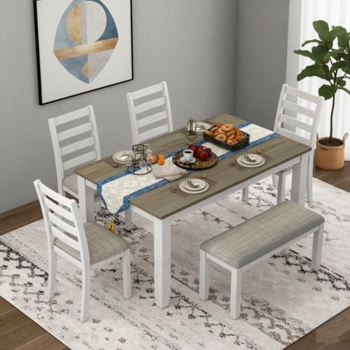 LUMISOL Farmhouse 6 Piece Dining Table Set with Bench, Brown+Whitewash