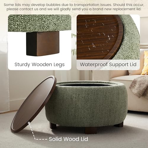 VKNOW 30 Inch Fabric Round Storage Ottoman with Wood Lift-Off Lid, Green | Mo...