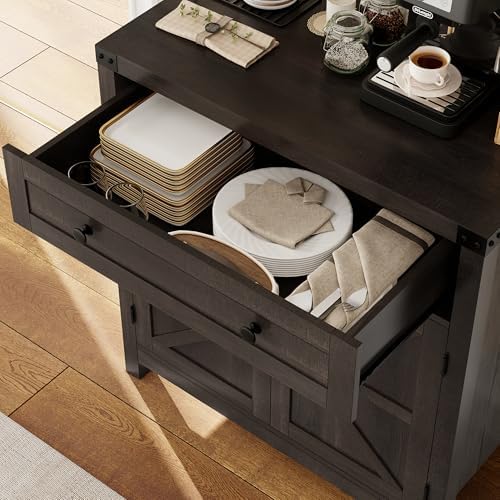 HOSTACK Kitchen Storage Cabinet, Farmhouse Coffee Bar Cabinet, Dark Brown