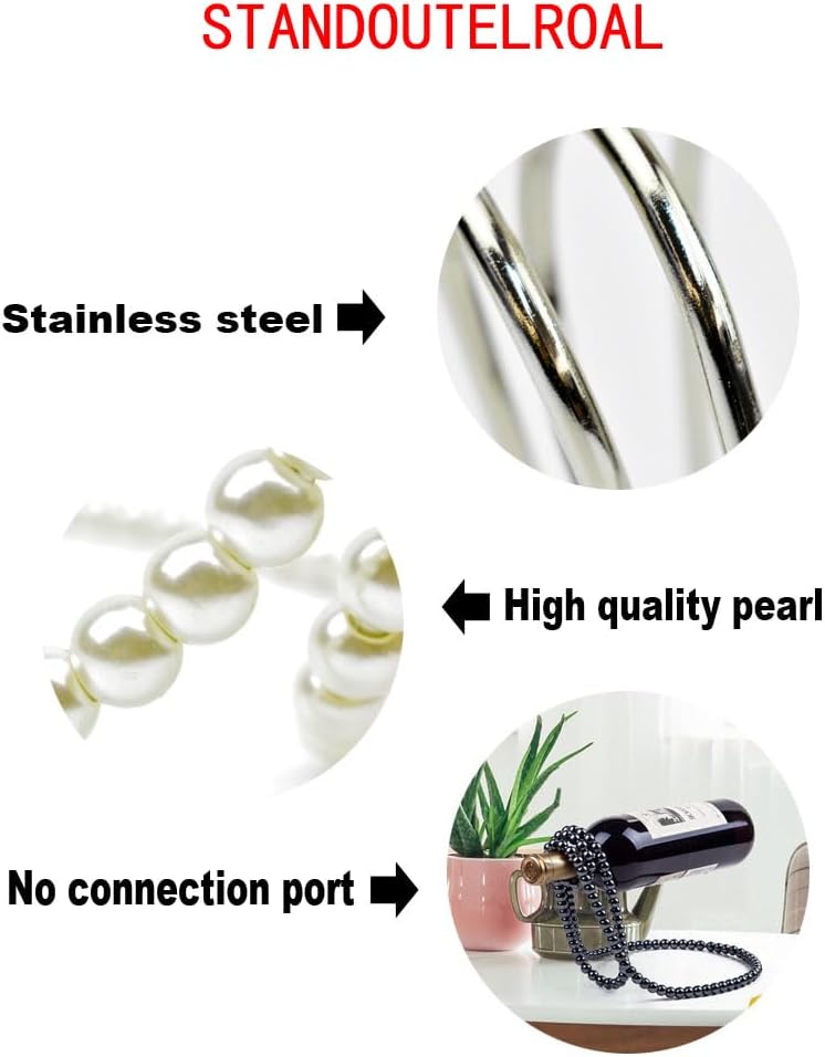 (Black) Artificial Pearl Necklace Floating Wine Rack, Metal Wine Bottle Holder, Wine Bottle Stand for Bar and Home Decoration