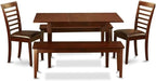 East West Furniture NOML5C-MAH-LC 5 Piece Dining Table Set Includes a Rectangle Dining Room Table with Butterfly Leaf and 2 Faux Leather Upholstered Chairs with 2 Benches, 32x54 Inch, Mahogany