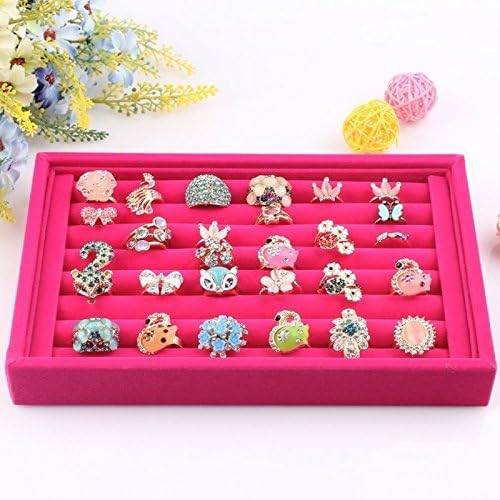Valyria Velvet 7 Slots Ring Earrings Trays Showcase Display Jewelry Organizer (Fuchsia)