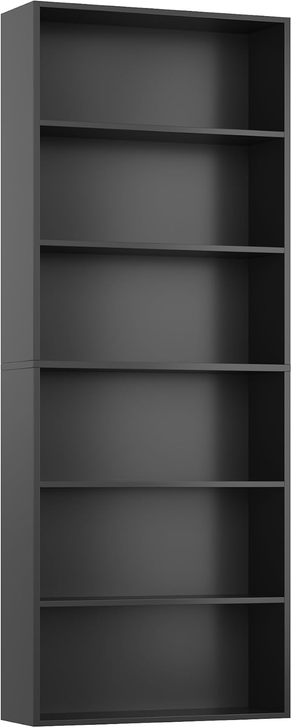 FOTOSOK 6 Tier Tall Bookshelf and Bookcase with Open Display Shelves, Black