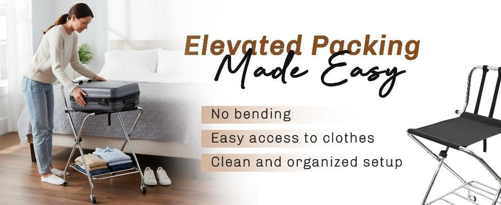 Foldable Luggage Rack with Wheels for Guest Room - Metal Frame Folding Suitcase Stand With 2 Shelves - Portable Luggage Storage Rack - Easy Assembly Suitcase Holder for Hotel, Travel and Bedroom