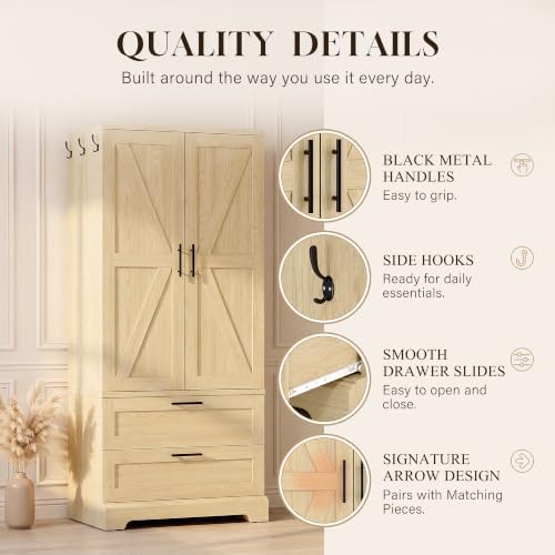 YESHOMY 70.9" Wardrobe Closet with Sensor Light, 2 Drawers (Oak)