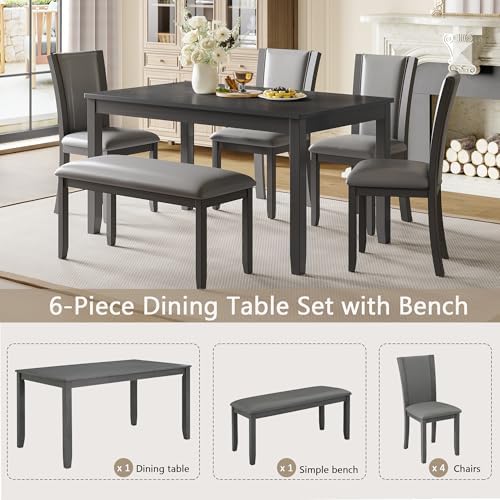 6-Piece Dining Table Set with Bench and Chairs - Solid Wood Kitchen Dining Ro...