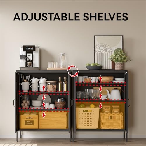 COFaR Black Metal Storage Cabinet, 40” Industrial Kitchen Organizer & Buf...