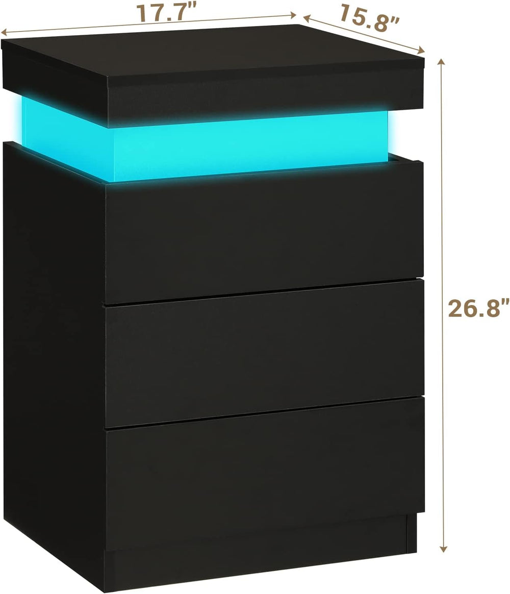 ADORNEVE Black Nightstand with Charging Station and LED Lights | Modern Night...