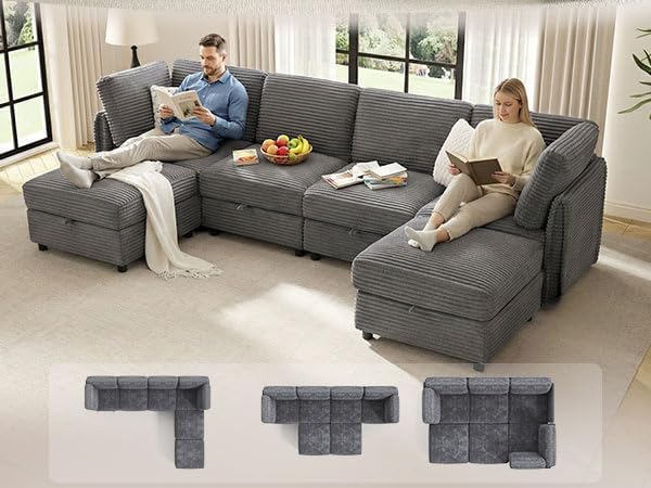 KKL Modular Sectional Sofa U-Shaped 6 Seater Couch with Storage Ottoman, Convertible L-Shaped Plush Wide-Wale Corduroy Couch for Living Room, Apartment, Modern Design, Gray