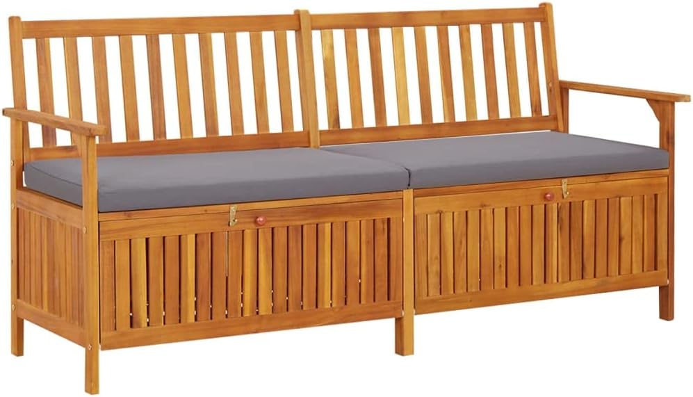 67 Inch Outdoor Storage Bench, Solid Acacia Wood Garden Bench with Thick Cush...