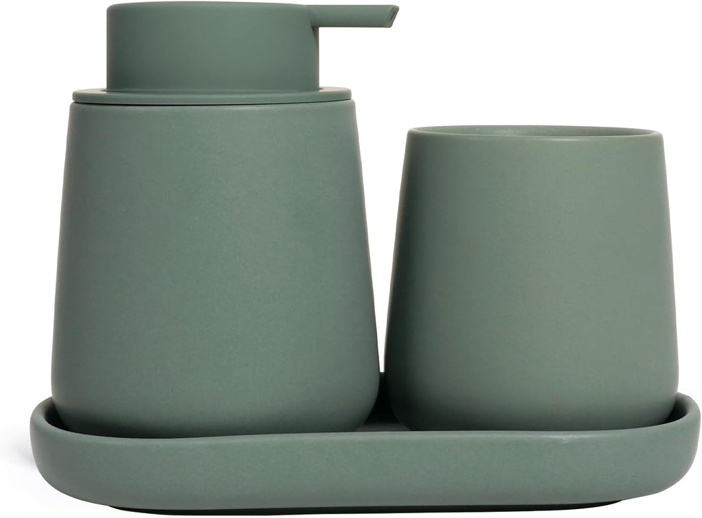 INGOFIN 3 Pcs Ceramic Bathroom Accessory Set - Liquid Soap Dispenser, Toothbrush Holder & Tray, Bathroom Counter Set, Countertop Essentials for Home, Guest Bathroom, or Office Use, Matte Green