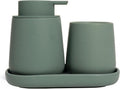 INGOFIN 3 Pcs Ceramic Bathroom Accessory Set - Liquid Soap Dispenser, Toothbrush Holder & Tray, Bathroom Counter Set, Countertop Essentials for Home, Guest Bathroom, or Office Use, Matte Green