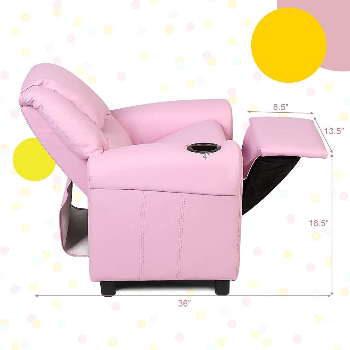Kids Recliner chair, toddler Armchair Upholstered Couch with Cup Holder, Backrest, baby Leather sofa with Headrest and Footrest, Child Furniture for Ages 2-7(Pink)