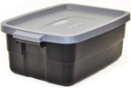 Rubbermaid 6-Pack Totes for Storage with Lids, Heavy Duty Plastic Storage Bins with Lids, Black Gray, 10 GAL - Stackable for Garage, Attic, Camping (10 GAL - 6 Pack Solid Black and Grey)