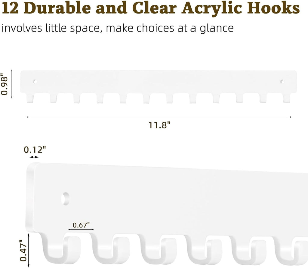 Acrylic Necklace Holder 2 Pack Wall Mounted Necklace Organizer Hanging Jewelry Organizer with 12 Hooks for Necklaces, Bracelets, Rings and Bangles Display（White）