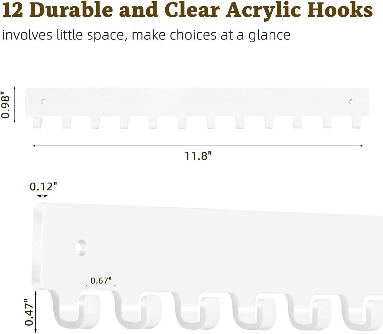 Acrylic Necklace Holder 2 Pack Wall Mounted Necklace Organizer Hanging Jewelry Organizer with 12 Hooks for Necklaces, Bracelets, Rings and Bangles Display（White）
