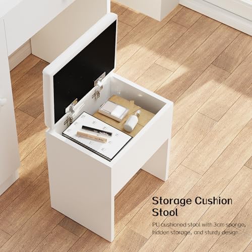 Haewon White Makeup Vanity Desk with Lighted Mirror and Storage Chiar Set | 1...