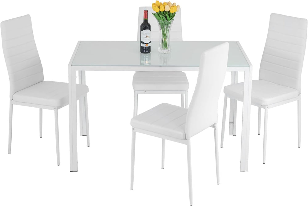 FDW | 5-Piece Dining Table Set | White | Glass Kitchen Table