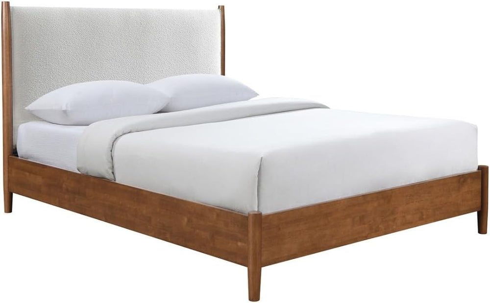 Walnut Color Panel Headboard Beige Upholstered Queen Size Bed