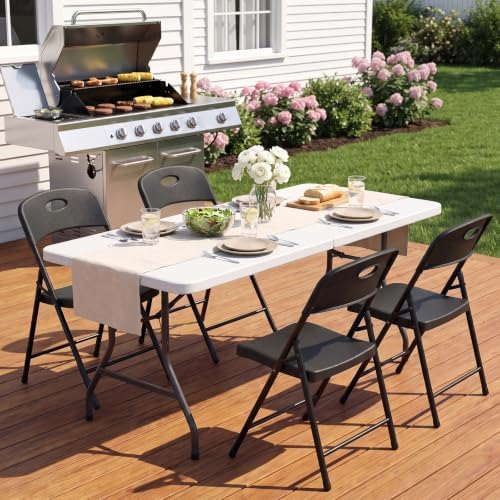 Folding Table and Chairs Set for 5, 5FT Foldable Plastic Table with Carry Han...