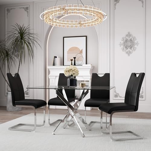 5 Piece Dining Table Set for 4, Modern Tempered Glass Kitchen Table with 4 Up...