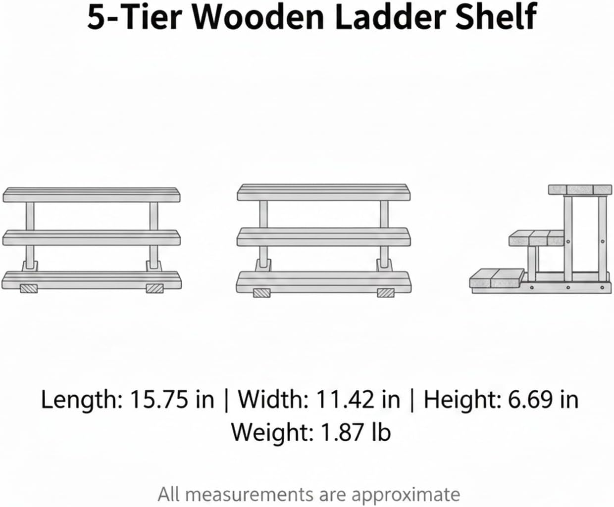 5-Tier Wooden Ladder Shelf, Solid Wood Vertical Storage Rack for Desktop and Home Office, Compact Bookcase Organizer (1 PC)