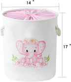 Laundry Baskets Kids Laundry Hamper, Pink Baby Hamper Elephant Basket Large Collapsible Kids Hamper with Handles Waterproof Round Linen Storage Basket for Toddler/Girls (Pink Elephant)