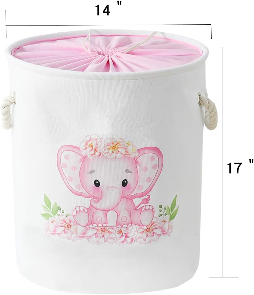 Laundry Baskets Kids Laundry Hamper, Pink Baby Hamper Elephant Basket Large Collapsible Kids Hamper with Handles Waterproof Round Linen Storage Basket for Toddler/Girls (Pink Elephant)