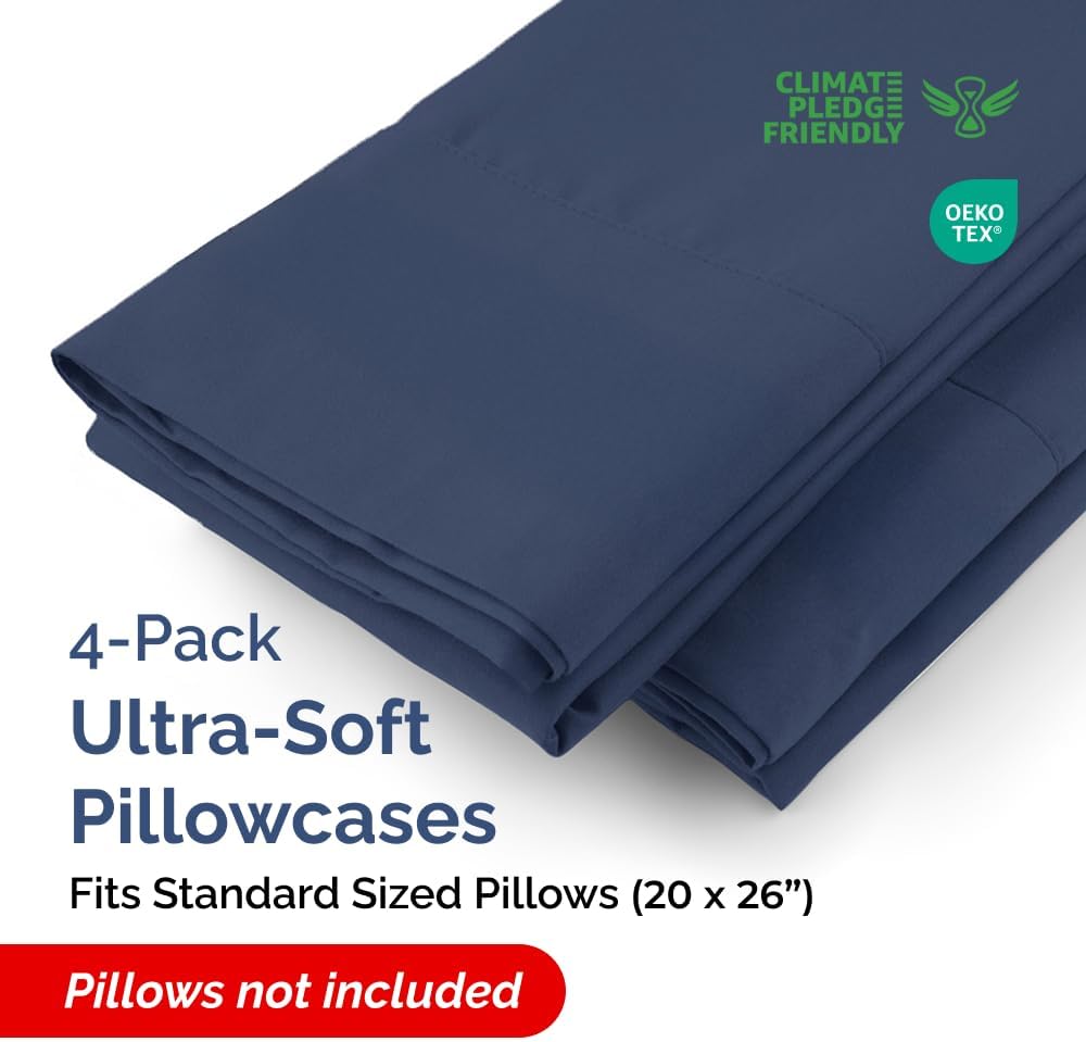 Standard Pillow Cases - 4 Pack - Super Soft Pillowcase Covers - Envelope Enclosure - Hotel Quality Pillow Protectors - Wrinkle Free, Shrink & Stain Resistant - Machine Washable - 20" x 26" (Navy Blue)
