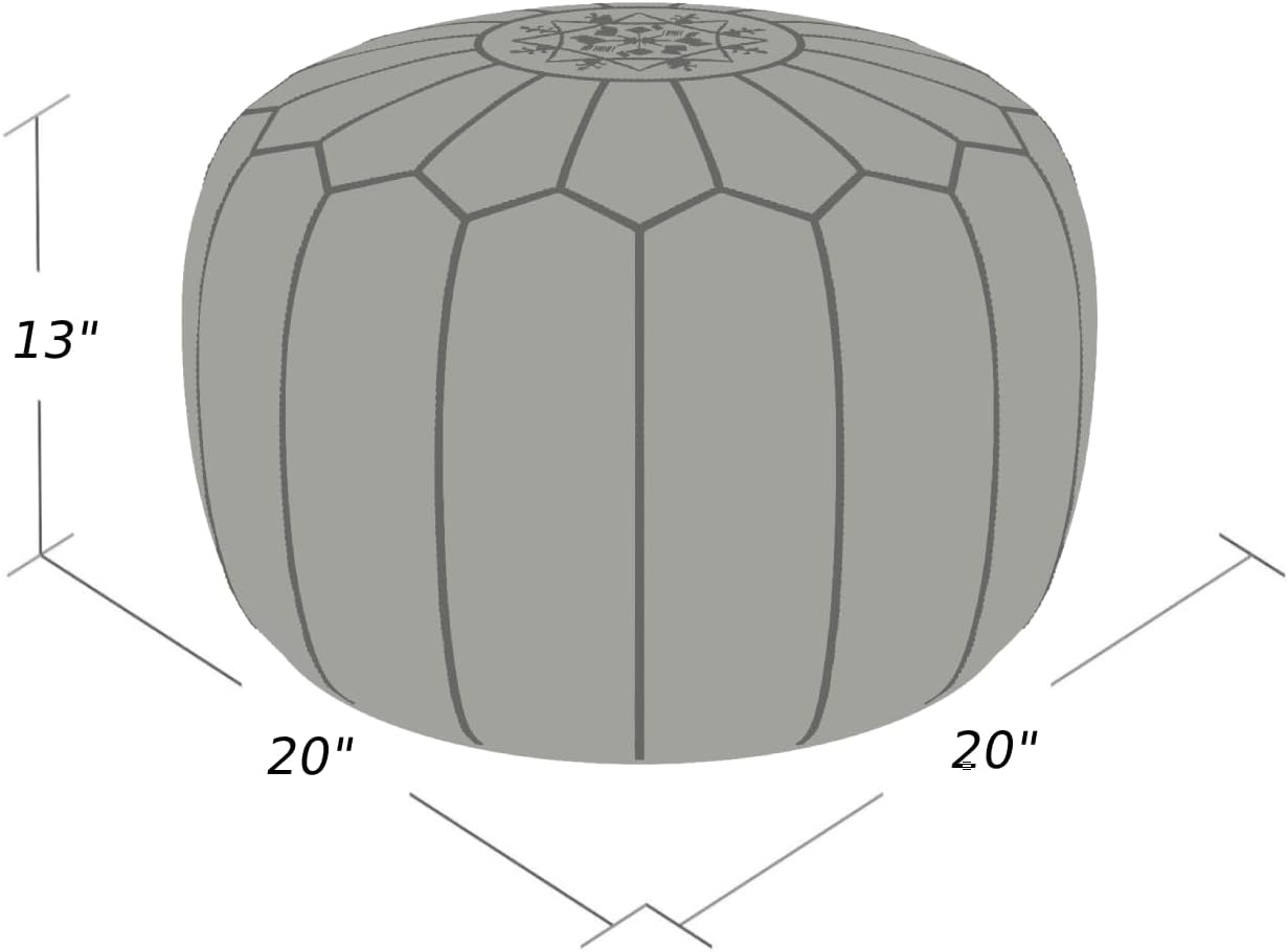 Stuffed Round Design Moroccan Leather Pouf Ottoman, Handmade, Pre-Filled, 100% Genuine Leather, 13” Height x 20” Diameter, Footstool & Living Room Décor (Tan)