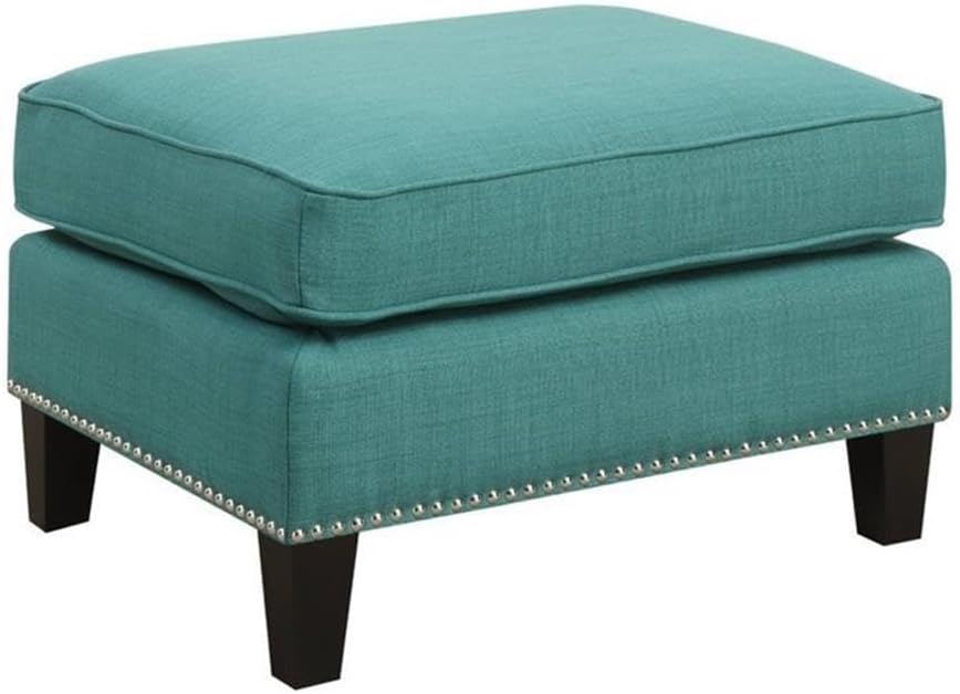 BOWERY HILL Solid Wood Frame Ottoman, Teal Fabric Upholstery, Nail Head Trim,...