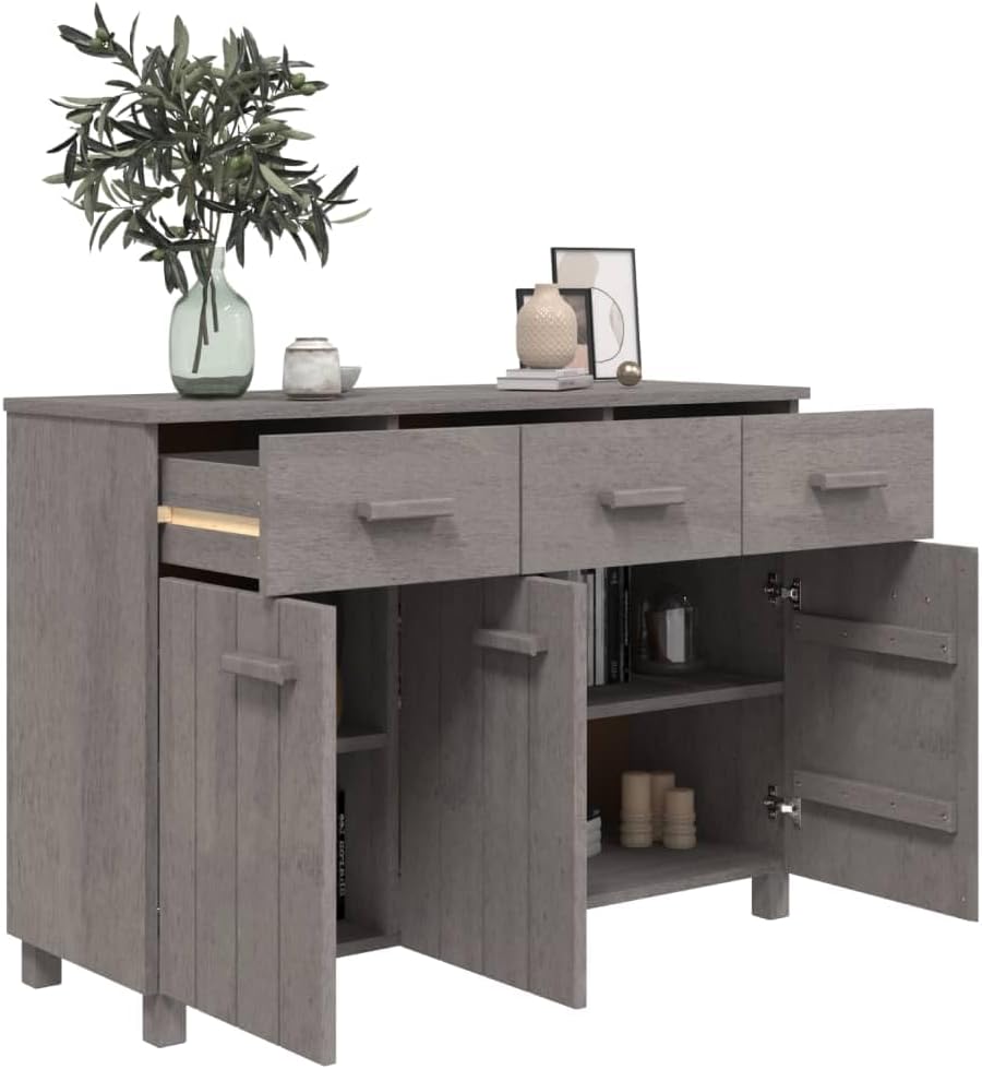 Light Grey Solid Pine Wood Sideboard with Shelves and Drawers, Traditional St...