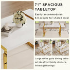 Ebullient White Dining Table Set for 8，71'' Kitchen Table and White Leather Dining Chairs Set of 8, 9 Piece Dining Room Table Set，Modern Gold Metal Frame Dinner Table Set 8 for Kitchen